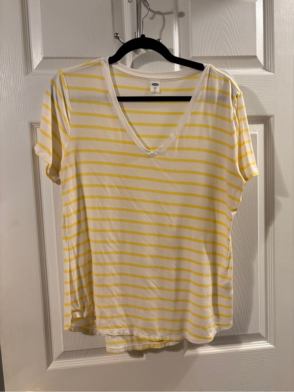 Old Navy White V-Neck Tee with Yellow Stripes